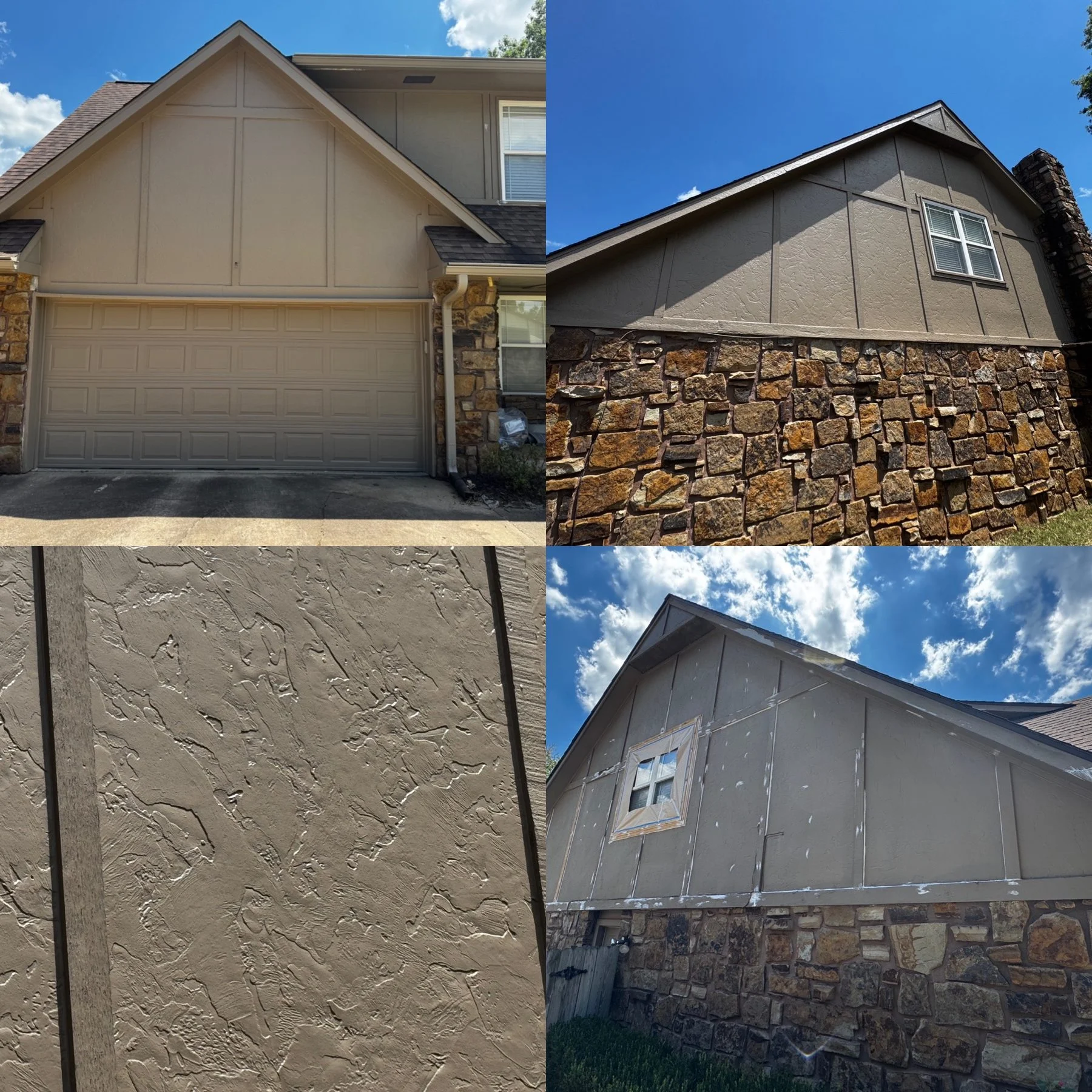 Before-and-after collage of rotted siding and trim replaced with cedar and LP siding and the exterior repainted in Broken Arrow